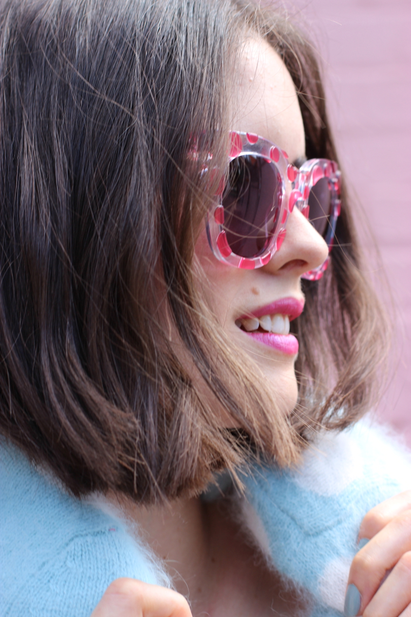 BYCHILL | Chloe Hill in Pared Pools and Palms Polka Dot Sunnies in Watermelon and Karen Walker spotty angora knit top