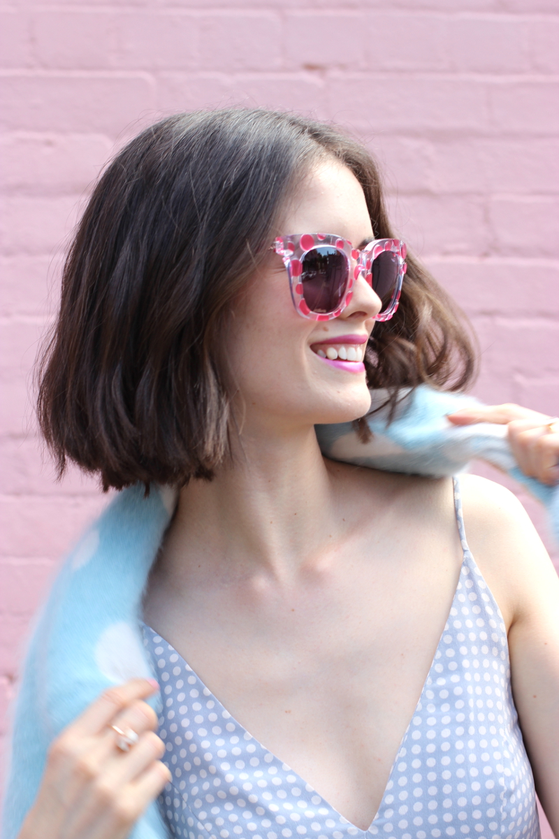 BYCHILL | Chloe Hill in Pared Pools and Palms Polka Dot Sunnies in Watermelon and Zimmermann Celesteal V Dress and Karen Walker spotty angora knit