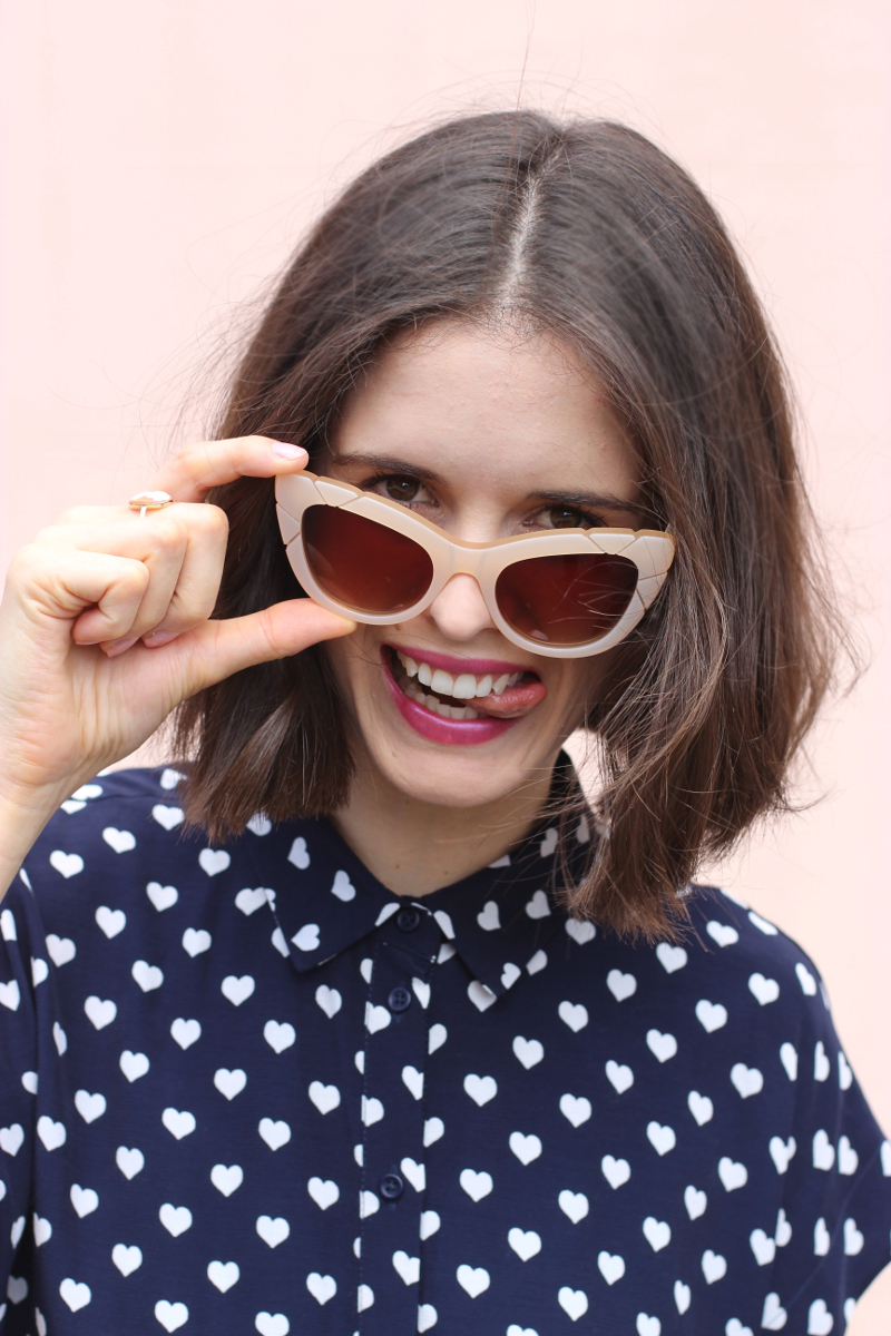 BYCHILL | Chloe Hill in Pared Puss and Boots Cateye Sunnies in Blus and Topshop heart print shirt