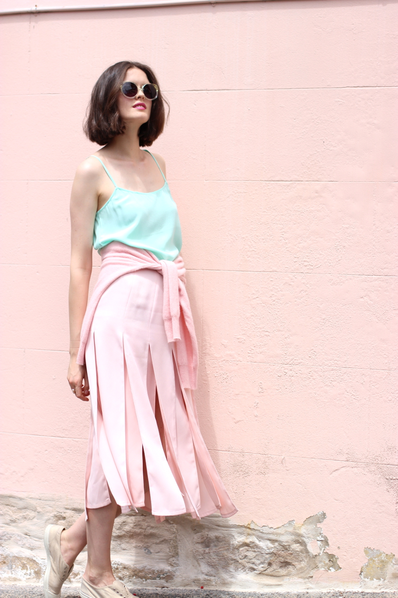 BYCHILL | Chloe Hill in Pared Soda & Pop Sunnies in Mellow Yellow, Equipment mint green cami, Gorman Pink Sweater, Topshop pastel pink skirt and Bensimon Sneakers