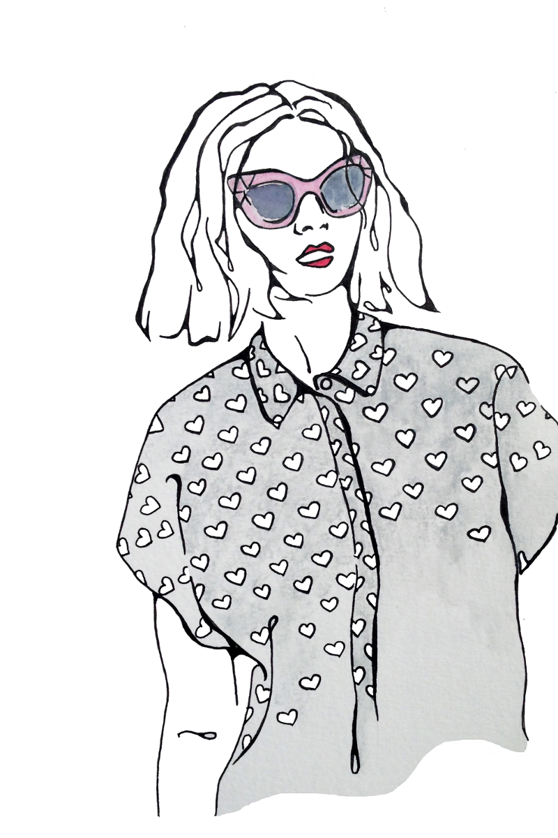 BY CHILL | Chloe Hill in topshop heart print top and pared cateye sunnies, Illustrated by Phoebe Hamer, phoebeandlydia.com