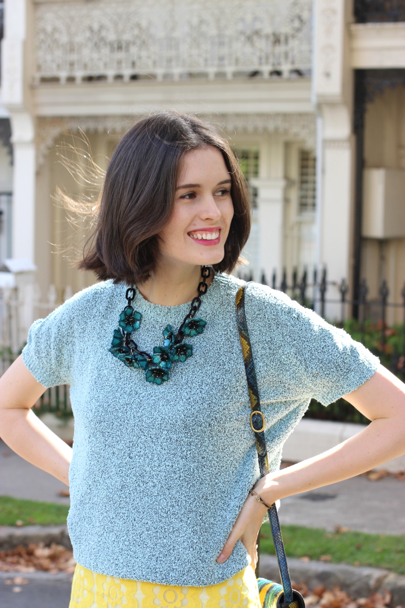 BYCHILL Chloe Hill in Antipodium mint green knit and Adorne floral necklace