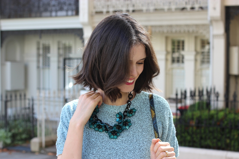 BYCHILL Chloe Hill wearing adorne teal floral necklace