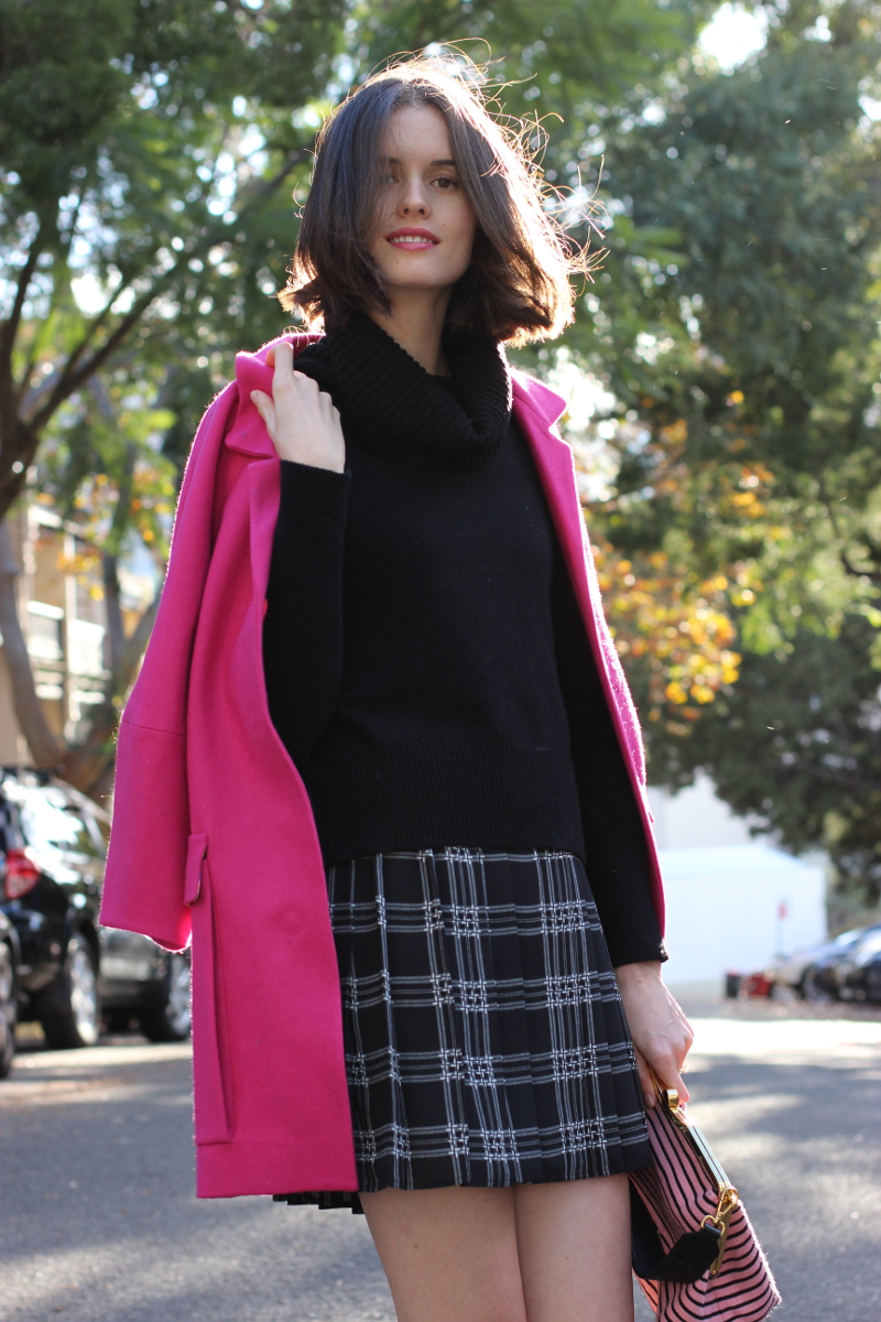 BY CHILL Chloe Hill in Witchery jumper and skirt and Coop by Trelise Cooper pink coat