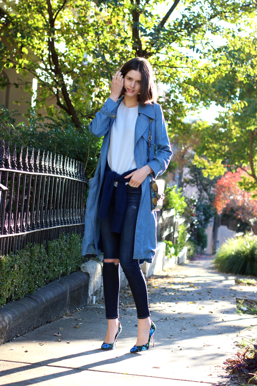 BYCHILL Chloe Hill wearing Dress up denim trench coat and paige jeans