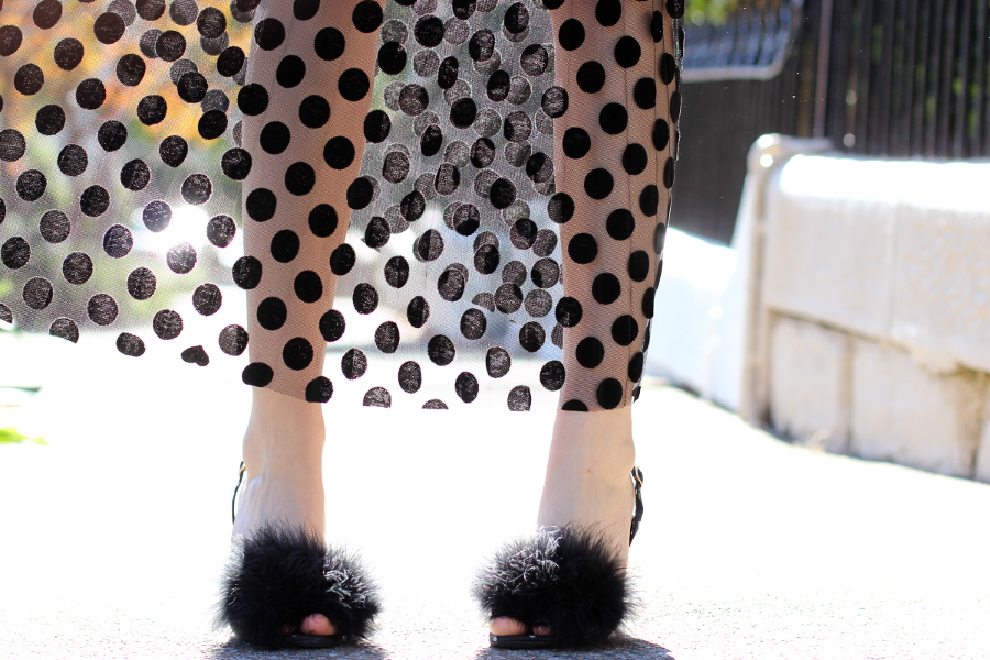 BYCHILL Witchery sheer spotted skirt and DIY fluffy feather shoes