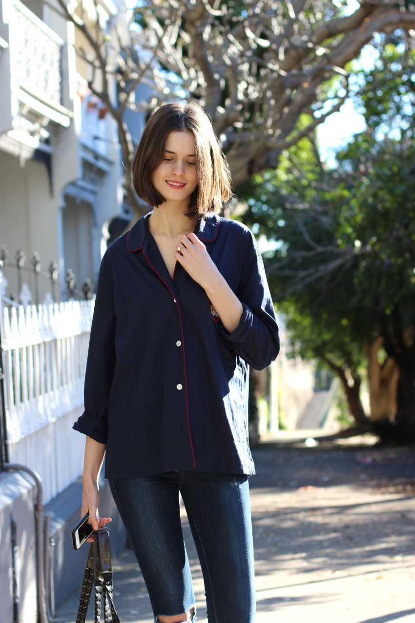 BY CHILL Australian Fashion blog, Chloe Hill wearing J Crew Navy pajama shirt