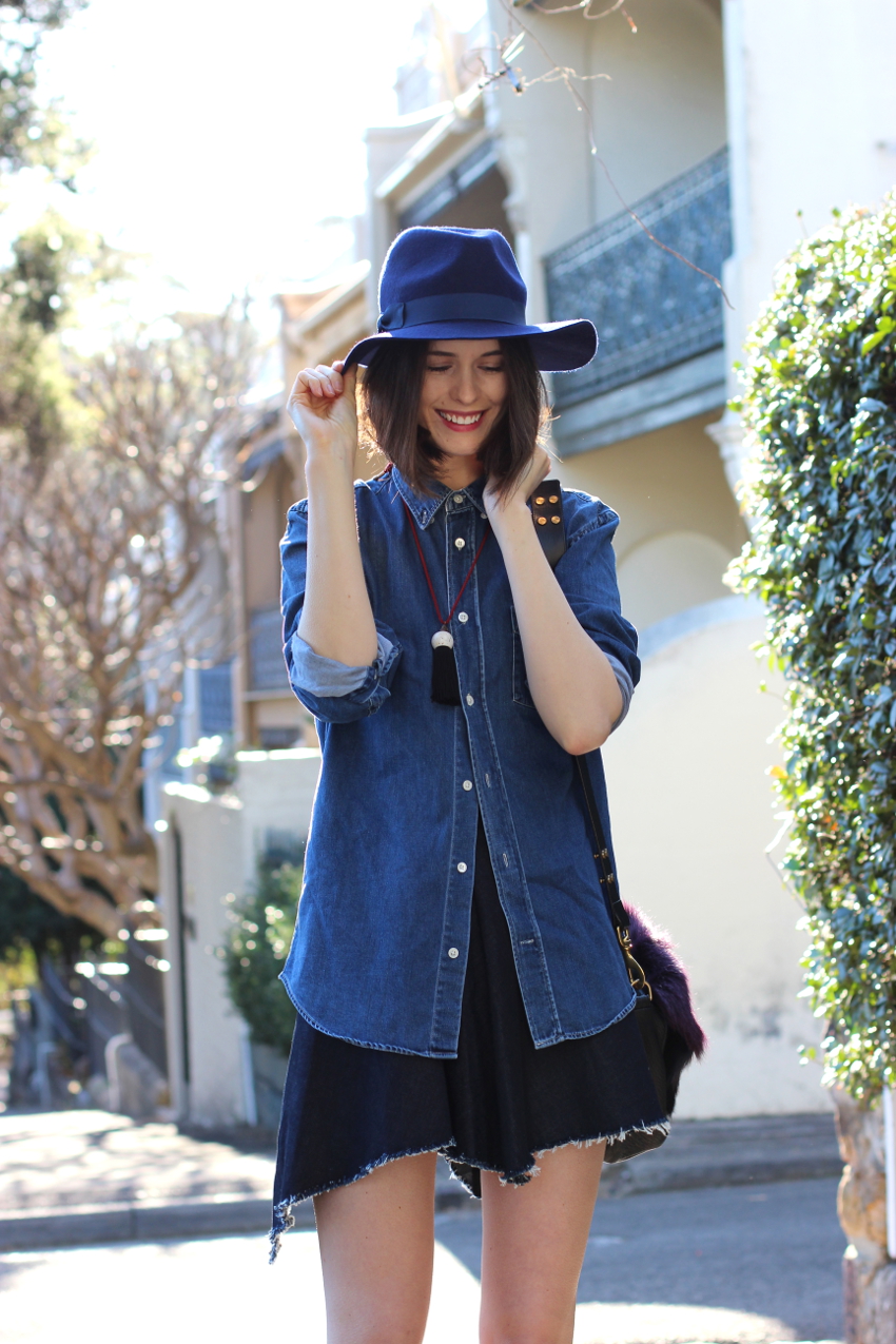BY CHILL Chloe Hill in Lack of Color Hat, Acne denim shirt and Han Studio Denim skirt