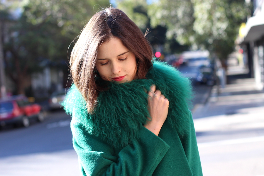 BYCHILL Chloe Hill in Max and Co Green fluffy monogolian wool coat