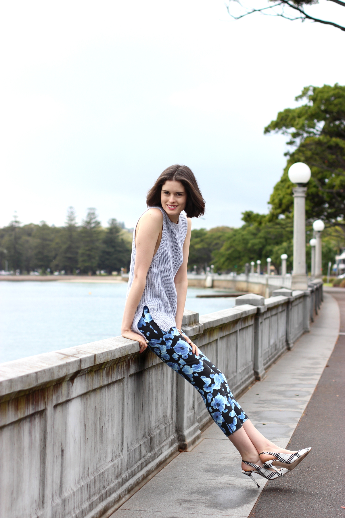 BYCHILL Chloe Hill in Viktoria and Woods grey sleeveless knit top and floral printed pants at Rosebay