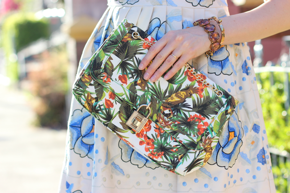BY CHILL FASHION BLOG BY CHLOE HILL Adorne palm and cuckatoo print canvas bag with jcrew jewelled bracelet