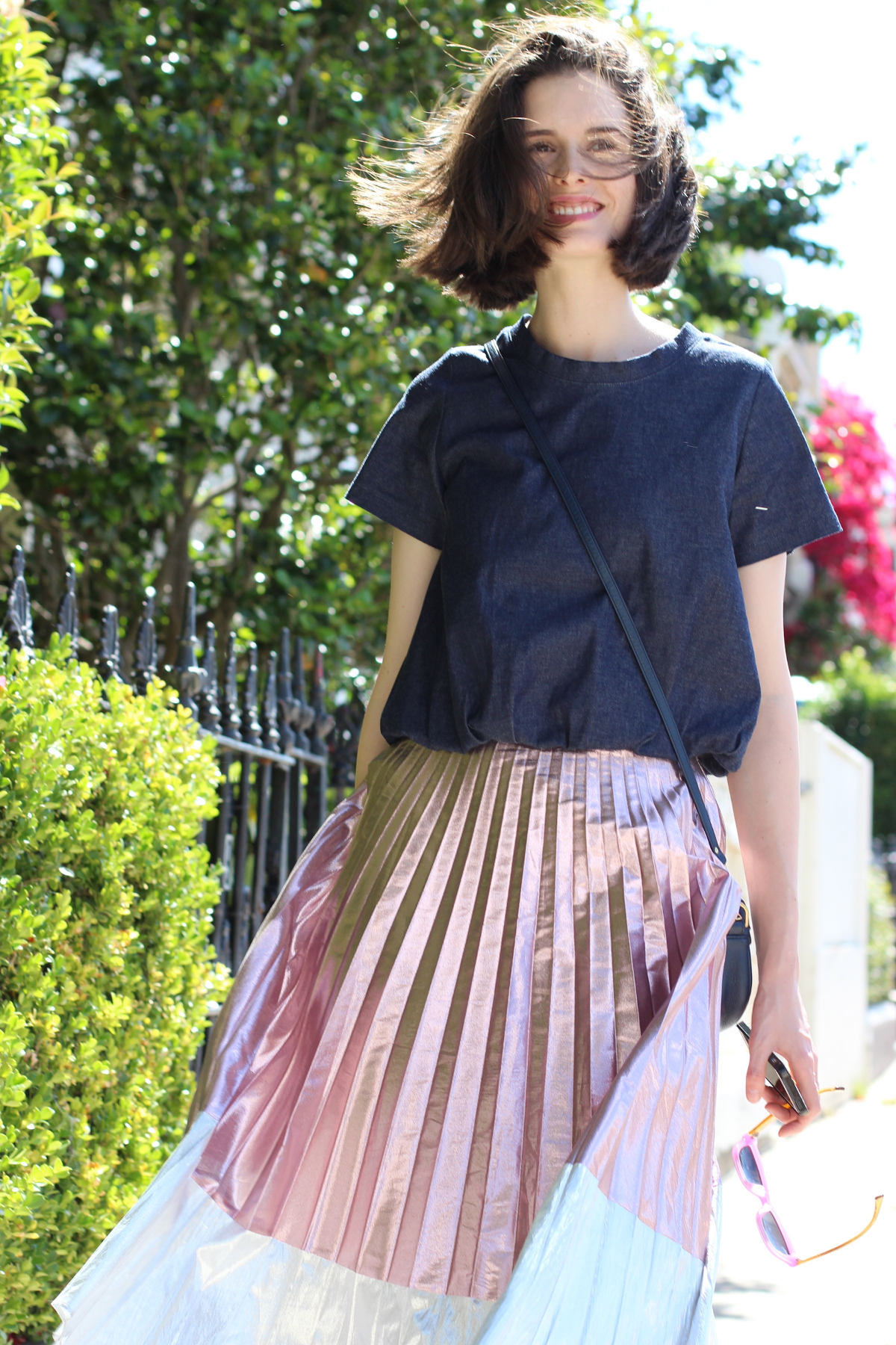BY CHILL AUSTRALIAN STYLE BLOGGER Chloe Hill Wearing Soot the Label Denim poof top, Easton Pearson metallic skirt, Deadly Ponies bag, see by chloe metallic shoes and AM eyewear sunglassesIG