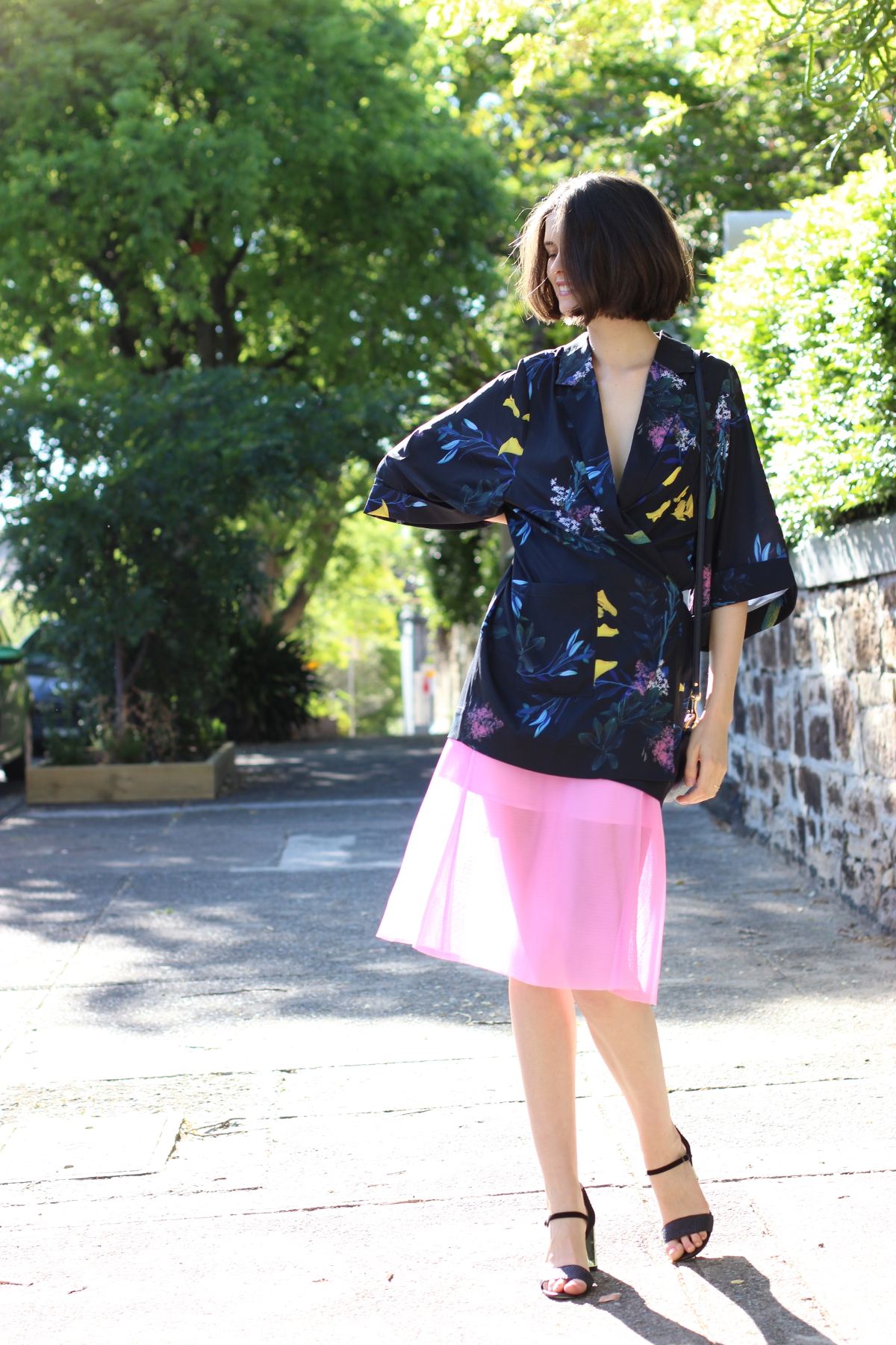 BYCHILL FASHION BLOG Chloe Hill Wearing Ruby Sees all floral kimono, Life with bird pink mesh midi skirt and dries van noten metallic and navy heels