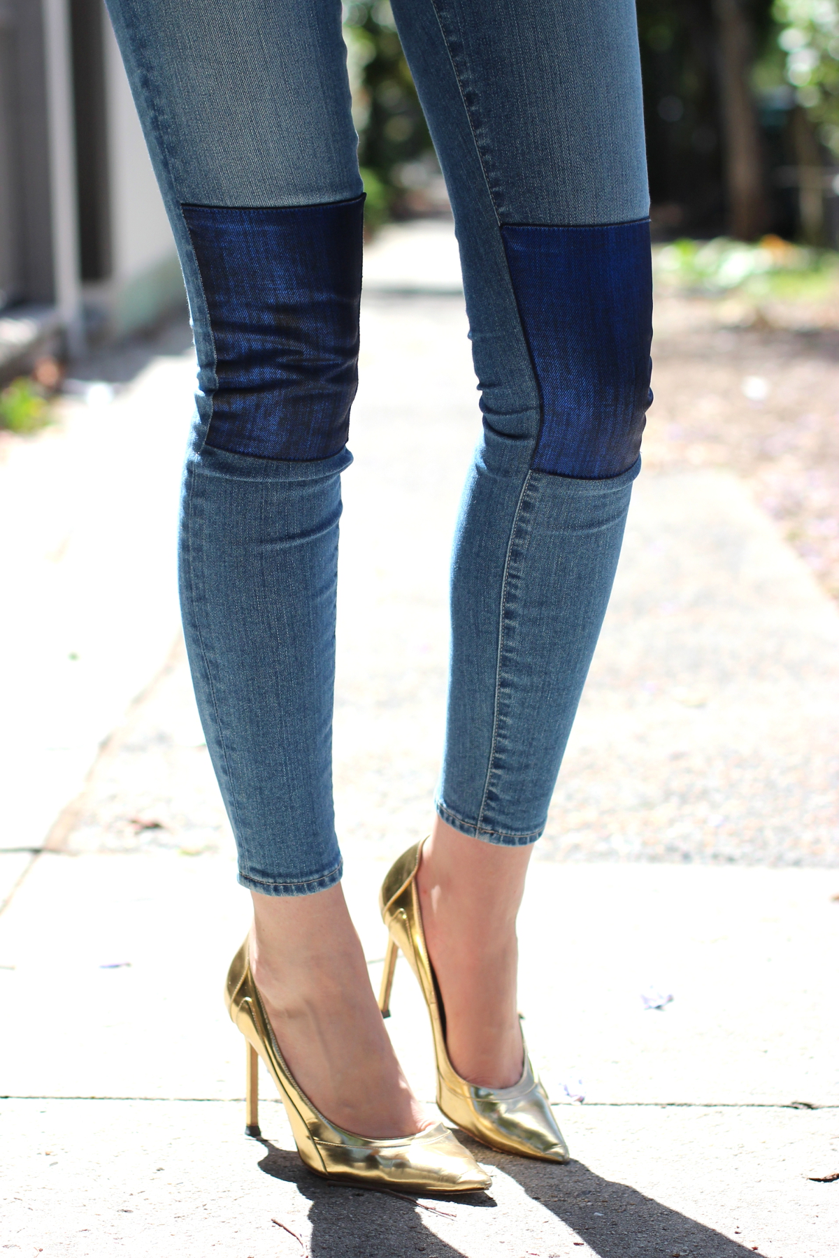 BYCHILL Paige metallic patch skinny jeans in blue and Manolo Blahnik gold ponit toe heels
