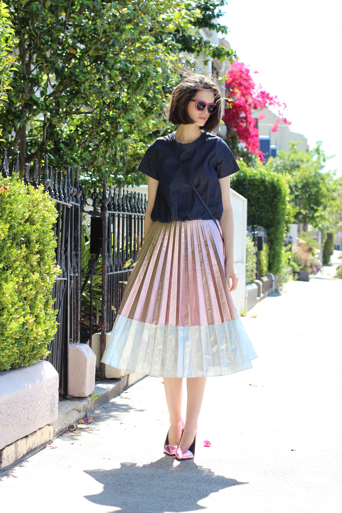 BYCHILL SYDNEY STYLE BLOG Chloe Hill Wearing Soot the Label Denim poof top, Easton Pearson metallic skirt, Deadly Ponies bag, see by chloe metallic shoes and AM eyewear sunglasses