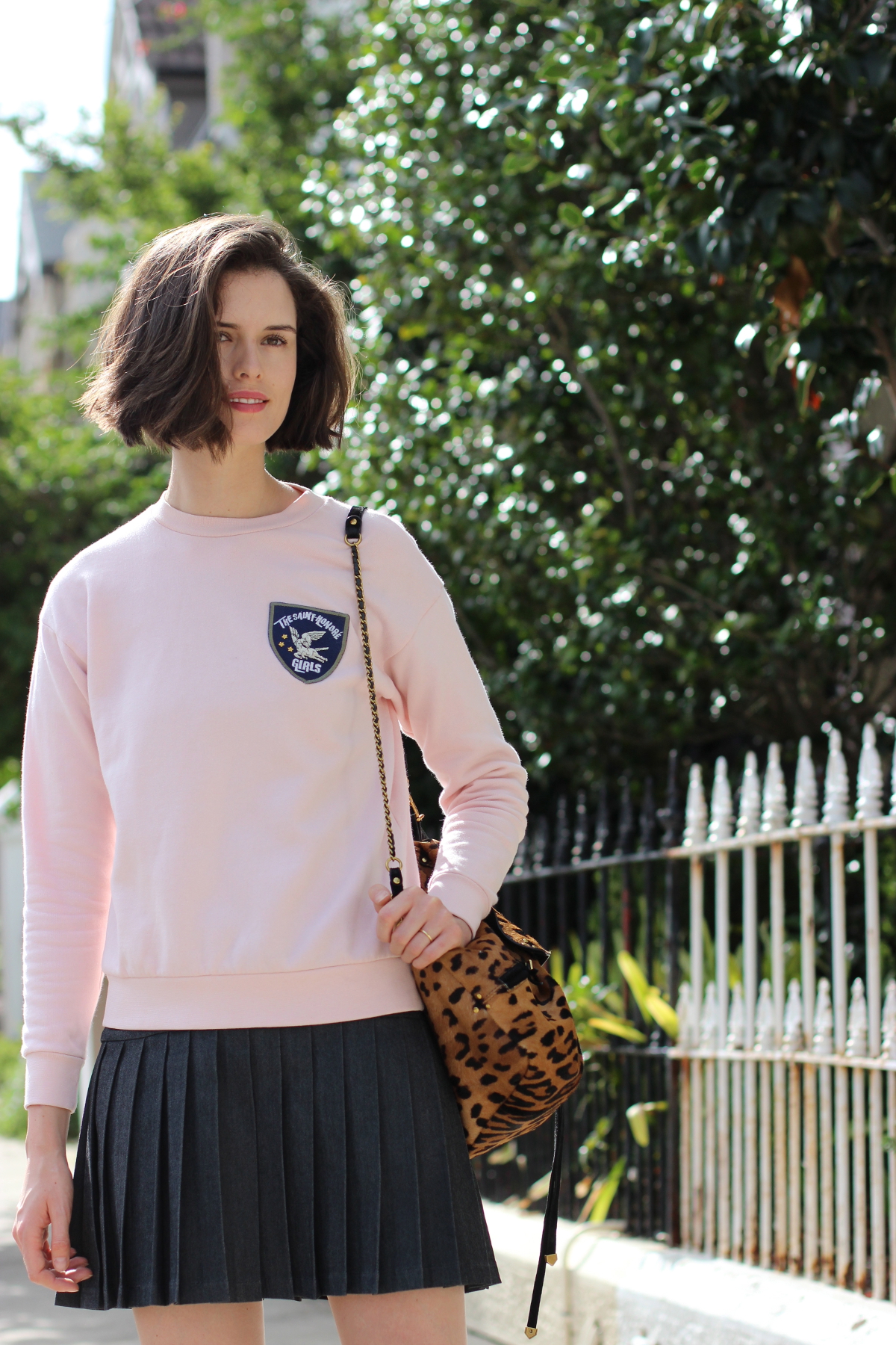 BY CHILL SYDNEY STYLE BLOG Chloe Hill in Etre Cecile pink sweatshirt, antipodium pleated dress and Jerome Dreyfuss leopard backpack