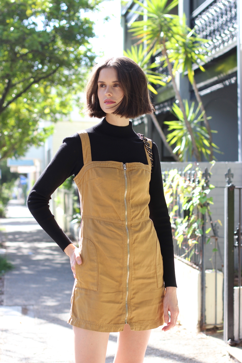 BY CHILL BLOG | Chloe Hill wears topshop khaki utility dress and cue clothing black skivvy knit top on the streets of Sydney