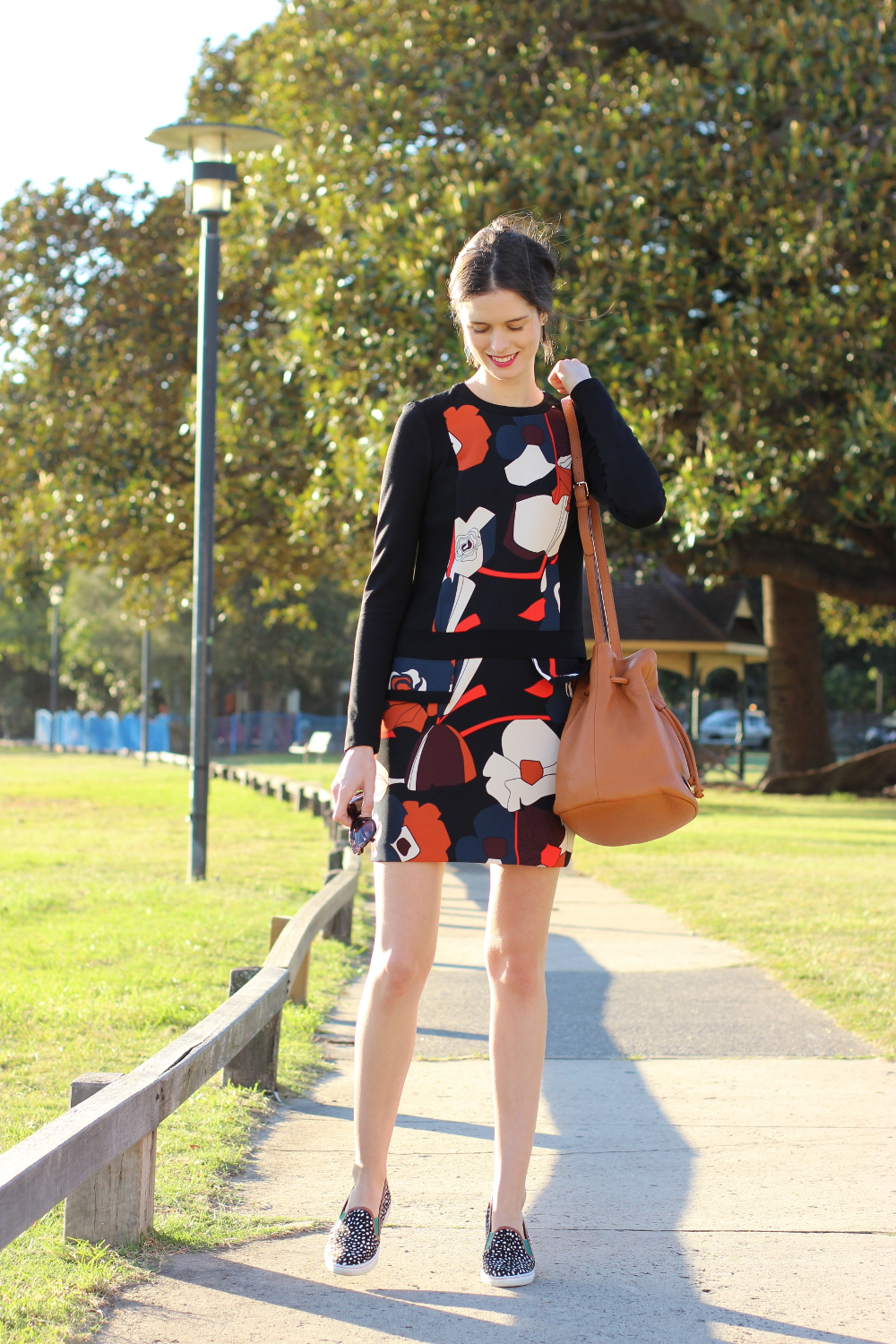 BY CHILL SYDNEY STYLE BLOG | Chloe Hill Wearing Cue Clothing printed Linear Floral Dress, oroton bucket bag and boden animal print shoes
