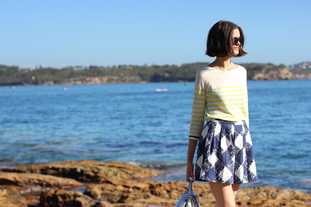 BYCHILL BLOG | Boden clothing striped top and checked skirt on the rocks at Camp Cove Bay Sydney