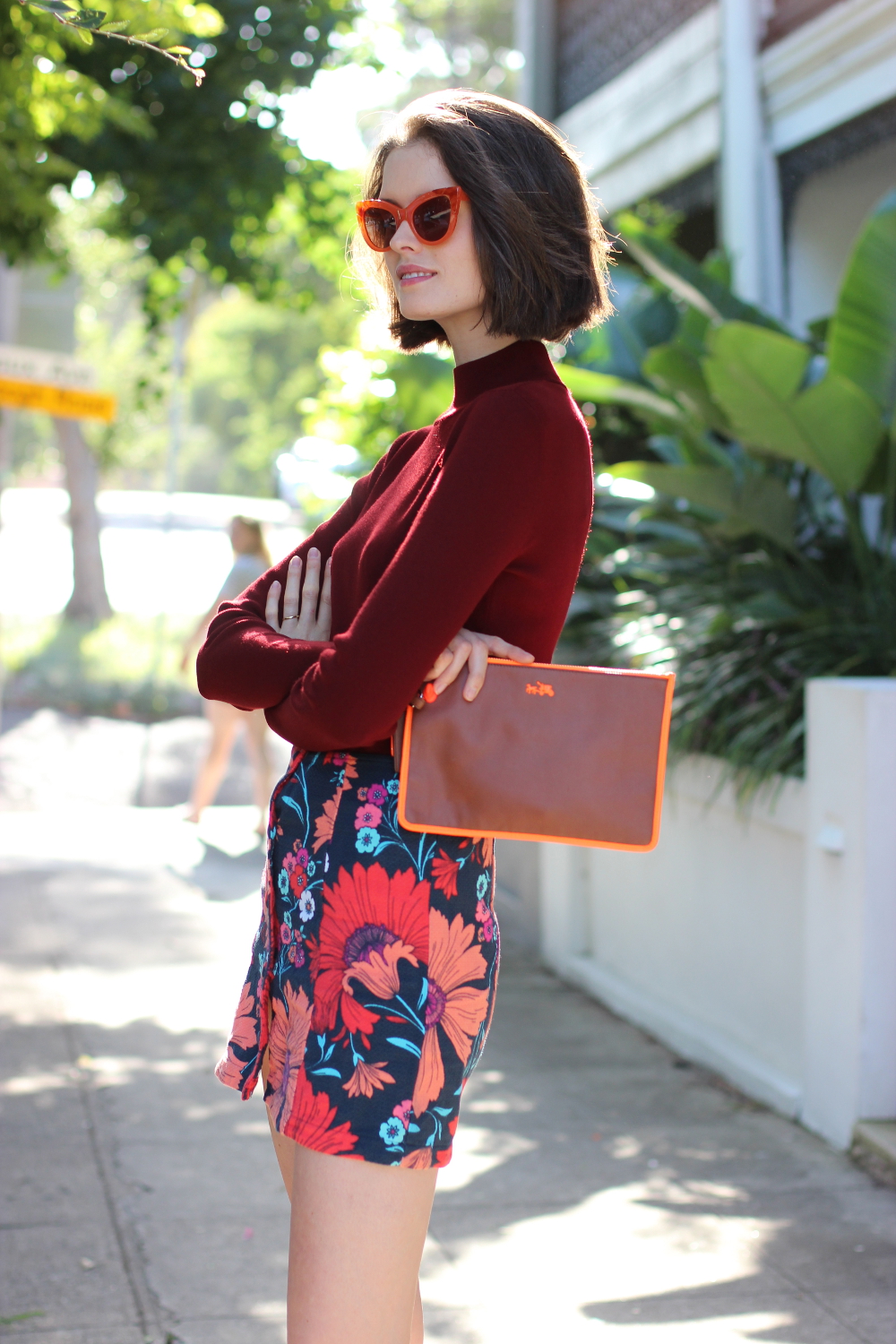 BYCHILL BLOG | Chloe Hill Wearing Pared Eyewear orange puss and boots sunglasses, Cue clothing burgundy sweater and top shop floral print sixties mini skirt