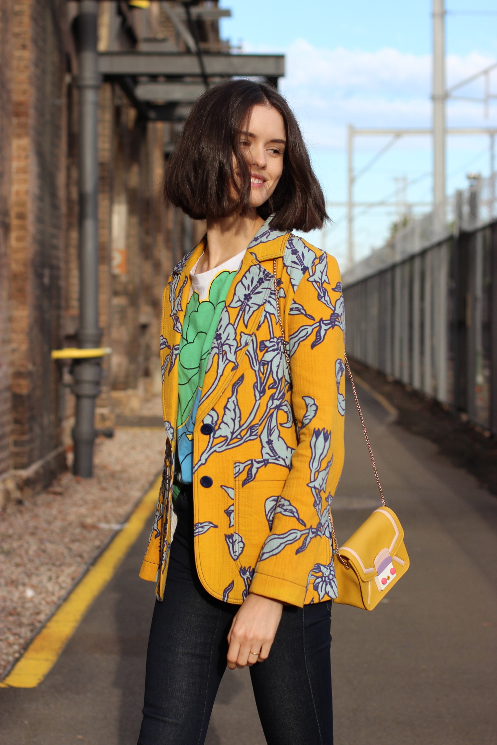BY CHILL FASHION | Karen Walker floral print Thrive blazer in mustard, Marni flower tshirt, furla yellow shoulder bag and citizens of humanity curve flare jeans