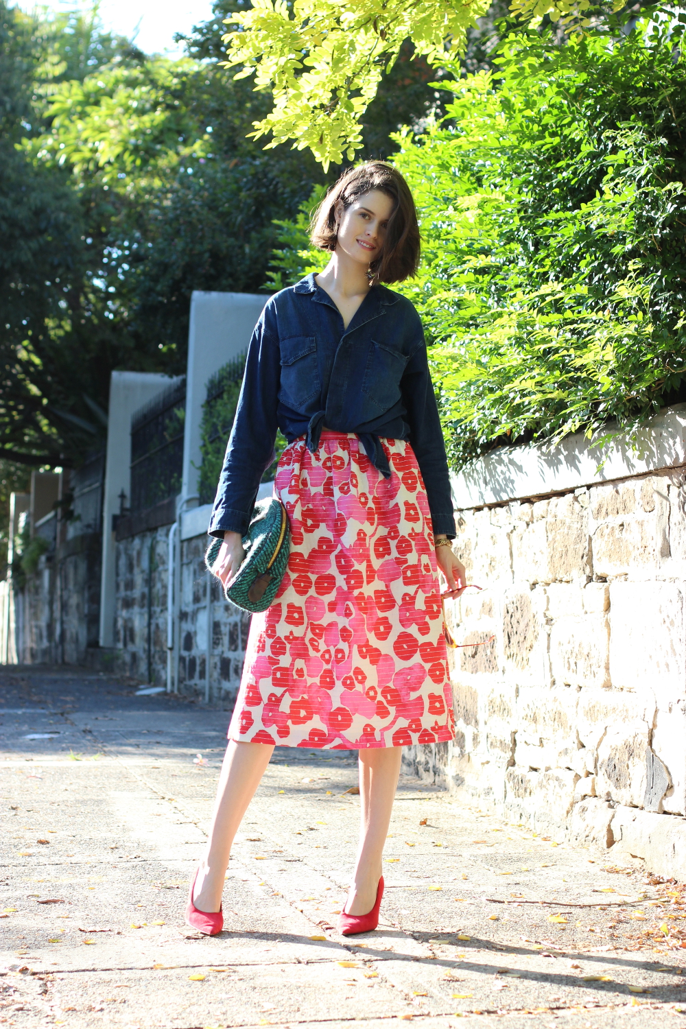 BY CHILL FASHION | Max Mara red and pink Printed Crepe de Chine skirt, Band of Outsiders denim skirt adn Miu miu red suede heels