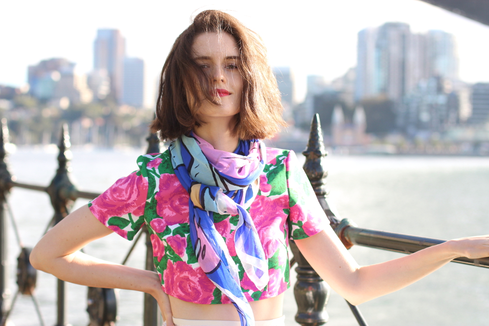 BYCHILL FASHION BLOG | Chloe Hill in Anna Coroneo shark print scarf and YB Yeojin Bae floral print crop top under the sydney harbour bridge