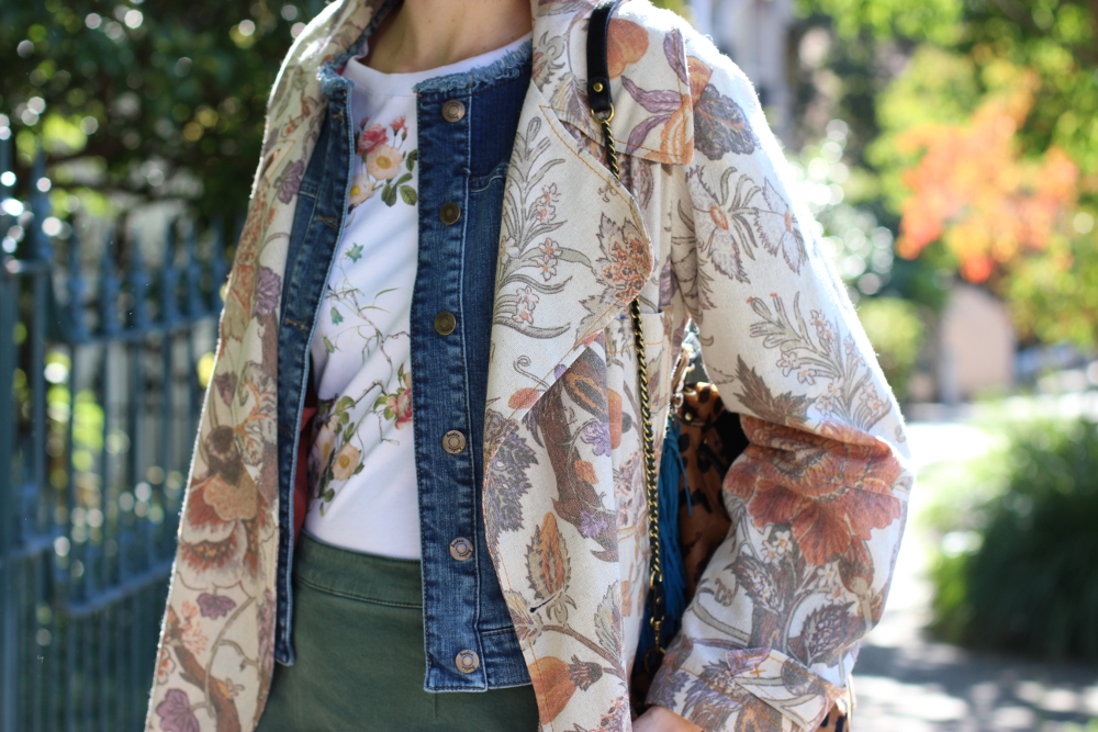 BYCHILL | Karen Walker planter garden print trench coat, Boden denim jacket and Kate Sylvester floral print tshirt