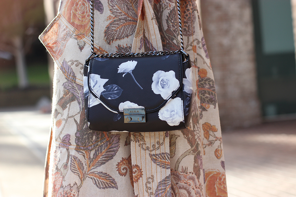 Australian Fashion Blog | Alila leather printed shoulder bag and karen walker planter print trench coat detail