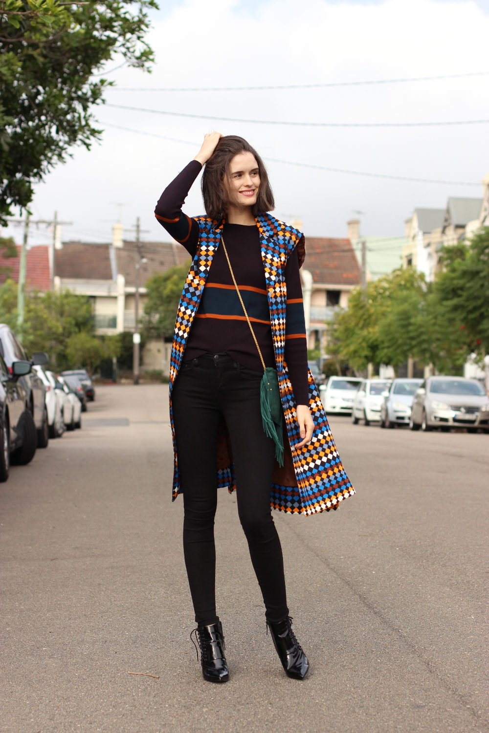BYCHILL AUS FASHION BLOGGER | Easton Pearson sleeveless vest, Cue clothing stripe jumper, Nobody denim power black jeans, Jerome Dreyfuss fringed bag and Senso lace up boots